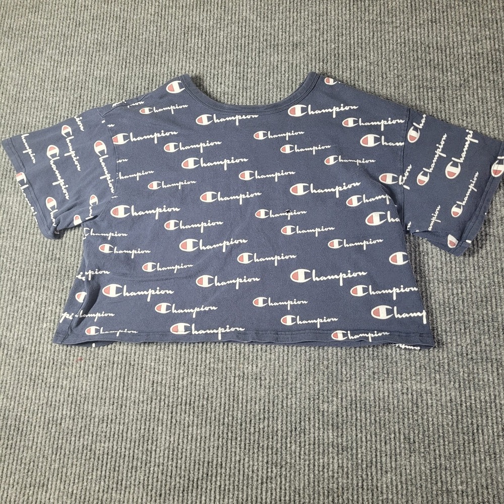 Champion Crop T-shirt Womens‎ XL Black AOP Spell Out Short Sleeve All Over Print